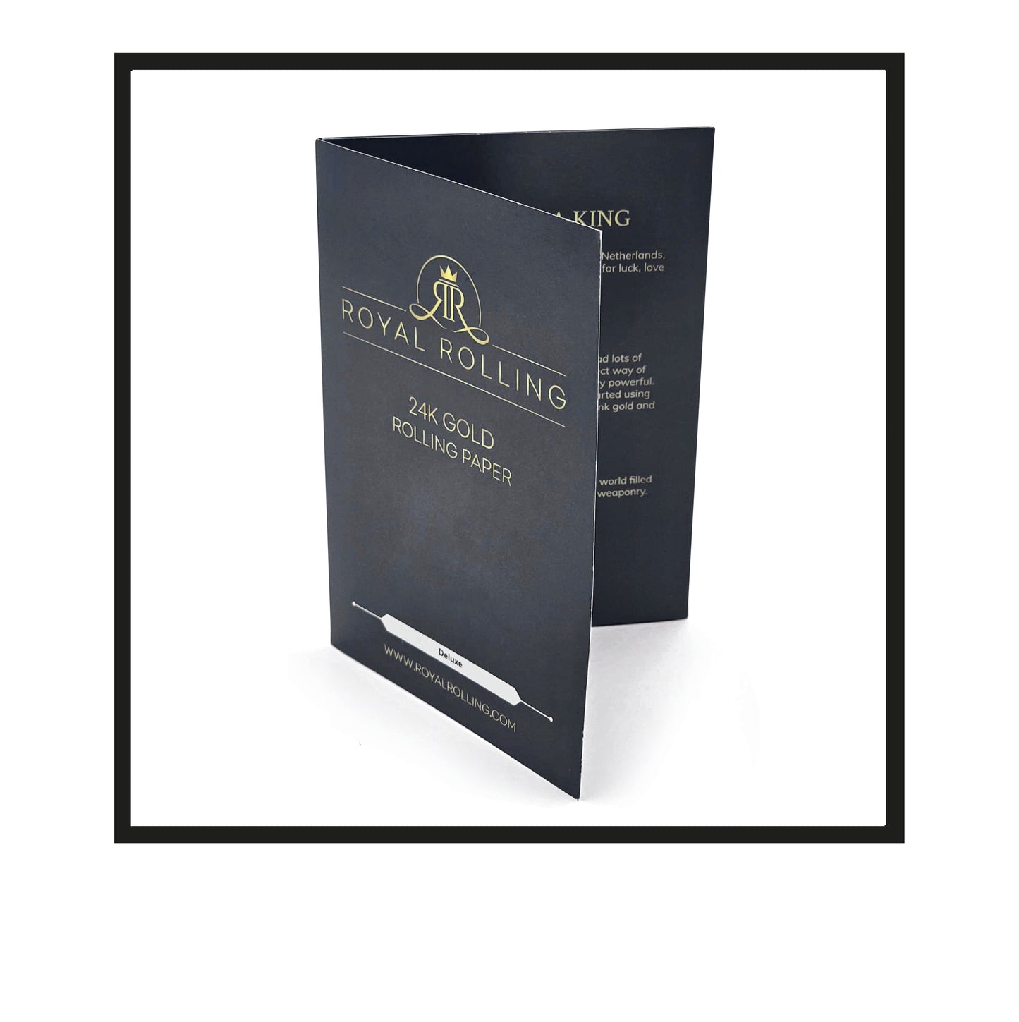 Royal Rolling Cone XL made of 24-karat gold in a magnetic black-and-gold gift box, glass tube with twist cap and envelope. Handmade in Holland (Amsterdam, Alkmaar, Rotterdam, North Holland). Luxury gift with custom packaging. Available in Pure Gold Deluxe Size, XL, 130mm, Envelope Gift Card Booklet open