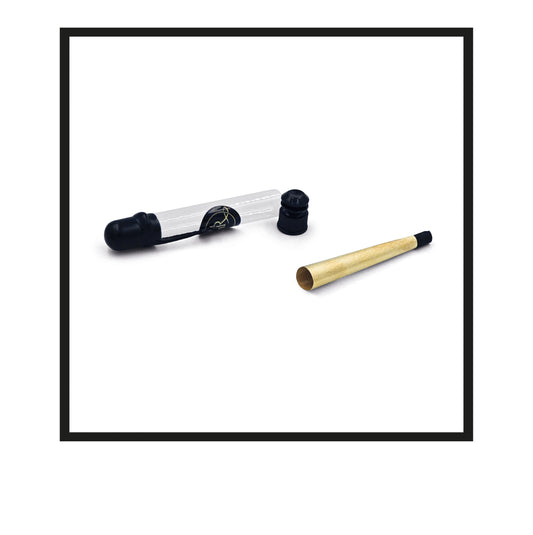 Royal Rolling Cone M made of 24-karat gold in a black-and-white Packaging, glass tube with twist cap. Handmade in Holland (Amsterdam, Alkmaar, Rotterdam, North Holland). Luxury gift with custom packaging. Available in Pure Gold Deluxe Size M, 70mm, out of packaging, rolling paper cone out of glass tube