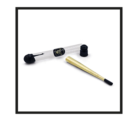 Royal Rolling Cone L made of 24-karat gold in a black-and-white packaging, glass tube with twist cap. Handmade in Holland (Amsterdam, Alkmaar, Rotterdam, North Holland). Luxury gift with custom packaging. Available in Pure Gold Deluxe Size L, 90mm, Out of glass tube wax sealed