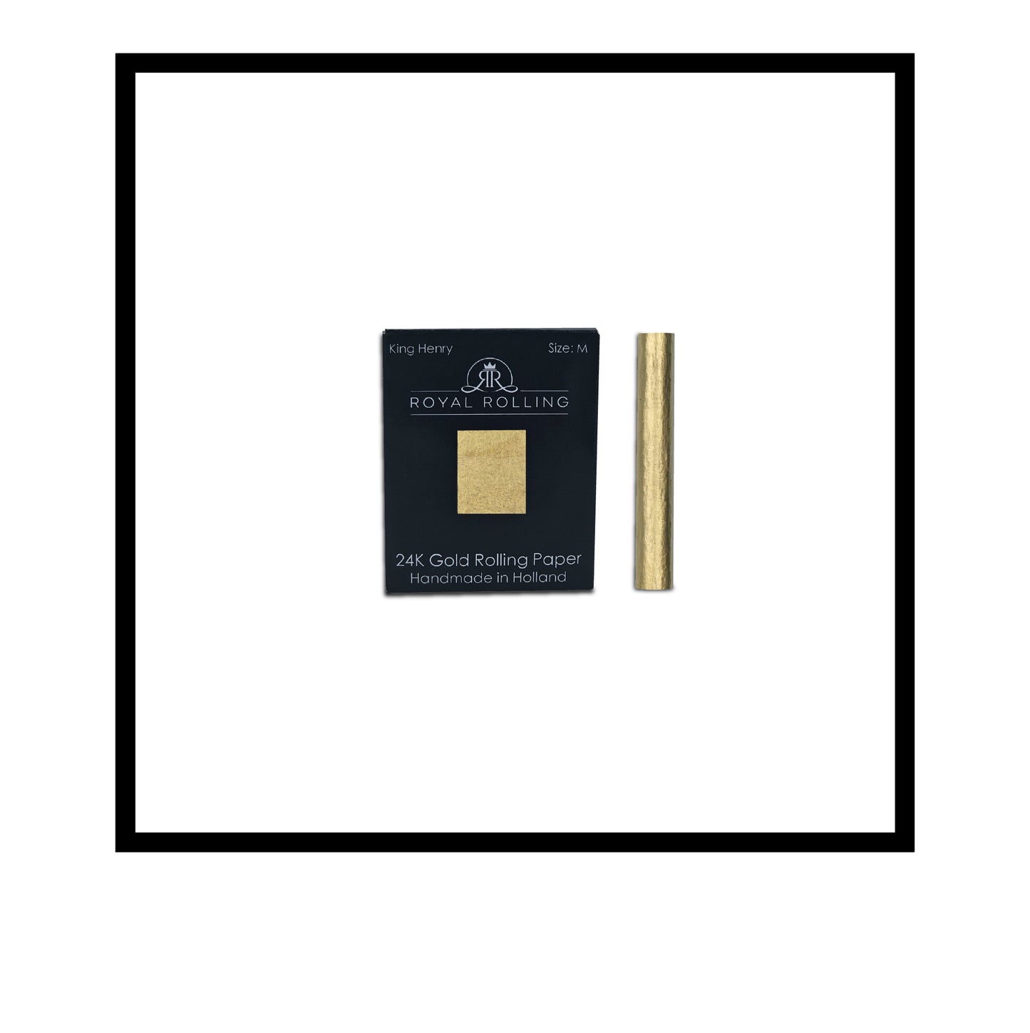 Royal Rolling Cone M made of 24-karat gold in a black-and-white Packaging, glass tube with twist cap. Handmade in Holland (Amsterdam, Alkmaar, Rotterdam, North Holland). Luxury gift with custom packaging. Available in Pure Gold Deluxe Size M, 70mm, Rolling paper in packaging