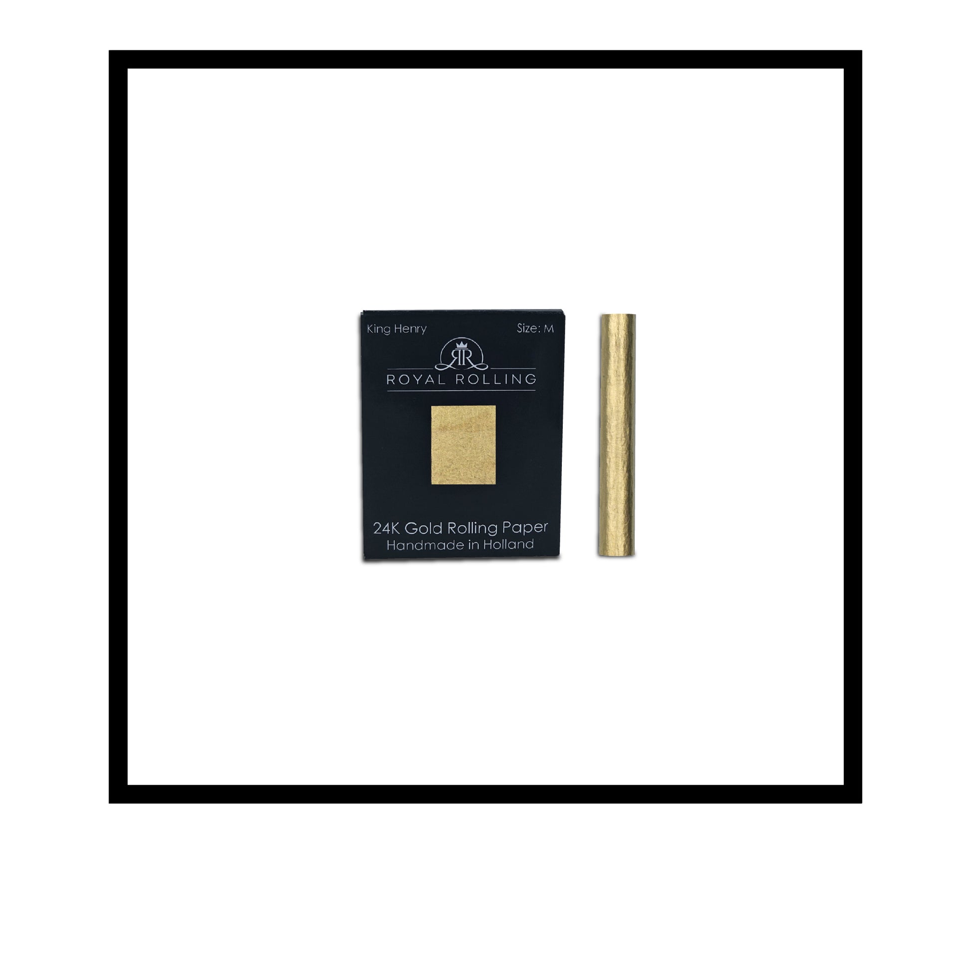 Royal Rolling Cone M made of 24-karat gold in a black-and-white Packaging, glass tube with twist cap. Handmade in Holland (Amsterdam, Alkmaar, Rotterdam, North Holland). Luxury gift with custom packaging. Available in Pure Gold Deluxe Size M, 70mm, Rolling paper in packaging