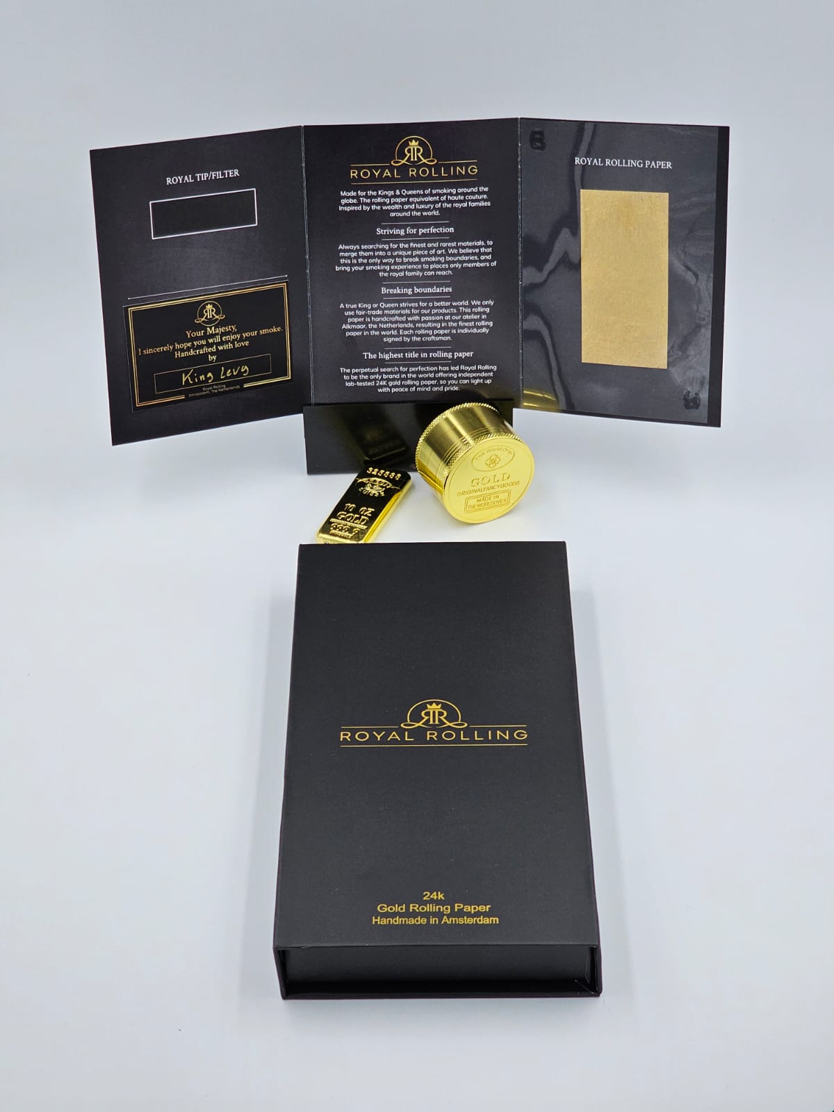 Royal Rolling Gold Member Package | 24K Gold Cone + 24K Gold Rolling Paper + Grinder + Lighter