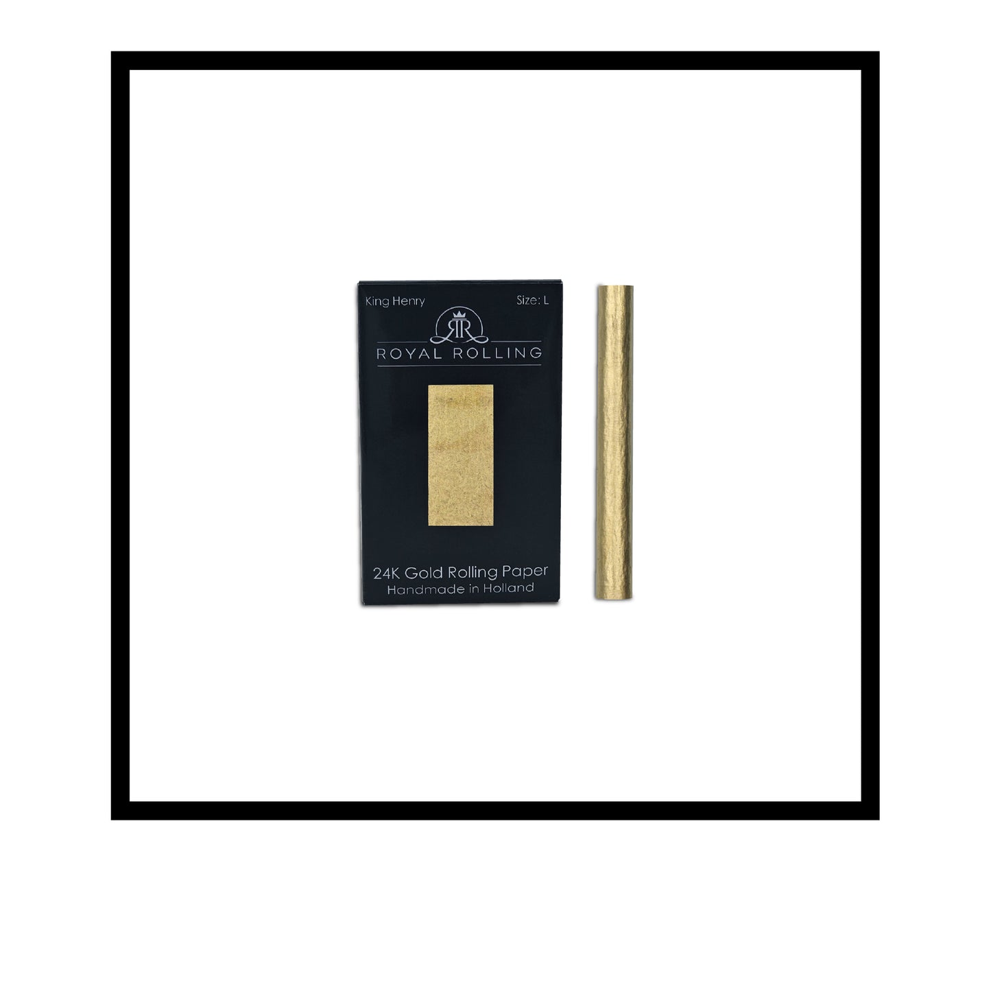 Royal Rolling Cone L made of 24-karat gold in a black-and-white packaging, Handmade in Holland (Amsterdam, Alkmaar, Rotterdam, North Holland). Luxury gift with custom packaging. Available in Pure Gold Deluxe Size L, 90mm, Rolling paper in packaging