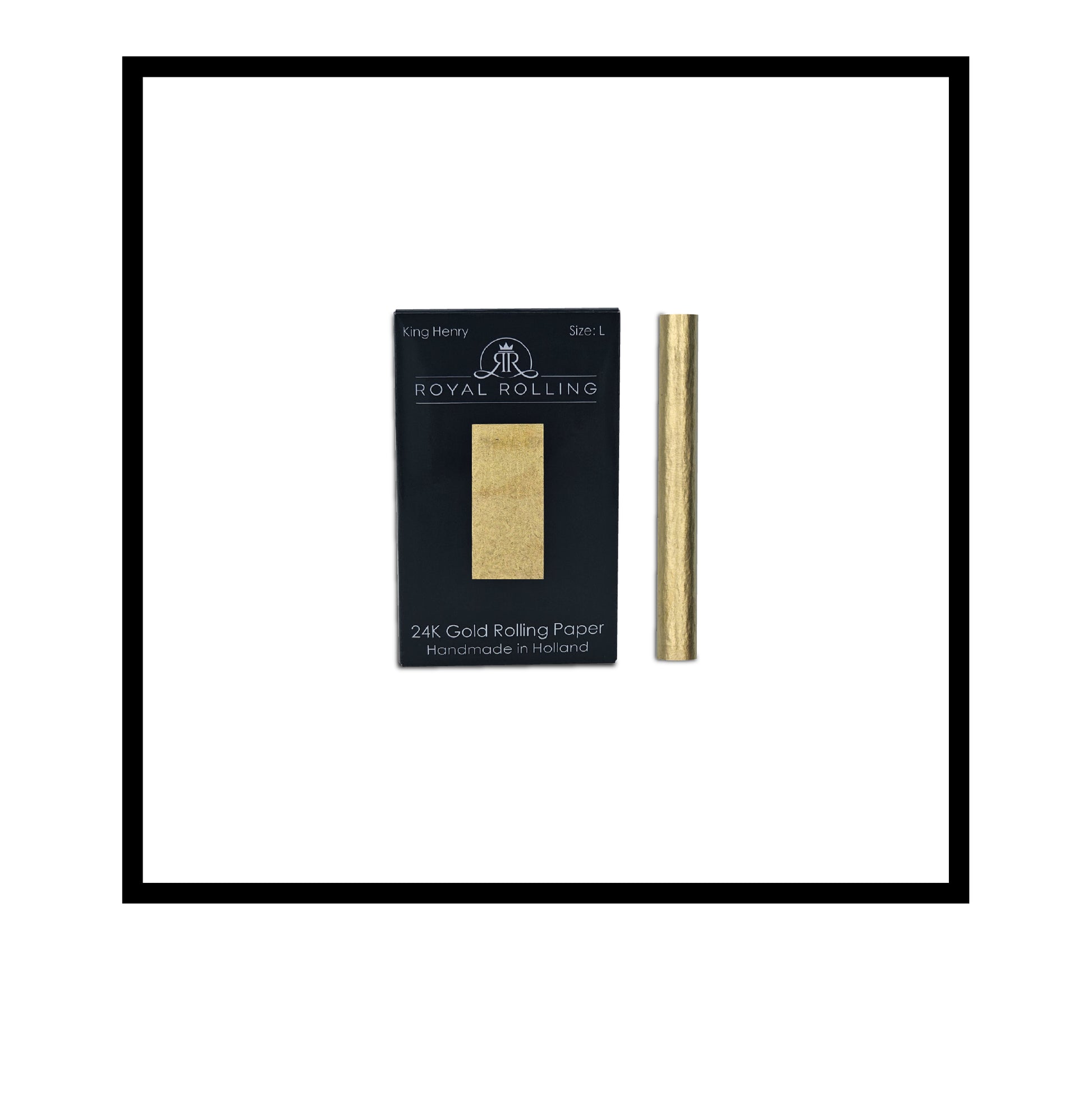 Royal Rolling Cone L made of 24-karat gold in a black-and-white packaging, Handmade in Holland (Amsterdam, Alkmaar, Rotterdam, North Holland). Luxury gift with custom packaging. Available in Pure Gold Deluxe Size L, 90mm, Rolling paper in packaging
