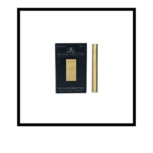 Royal Rolling Cone L made of 24-karat gold in a black-and-white packaging, Handmade in Holland (Amsterdam, Alkmaar, Rotterdam, North Holland). Luxury gift with custom packaging. Available in Pure Gold Deluxe Size L, 90mm, Rolling paper in packaging