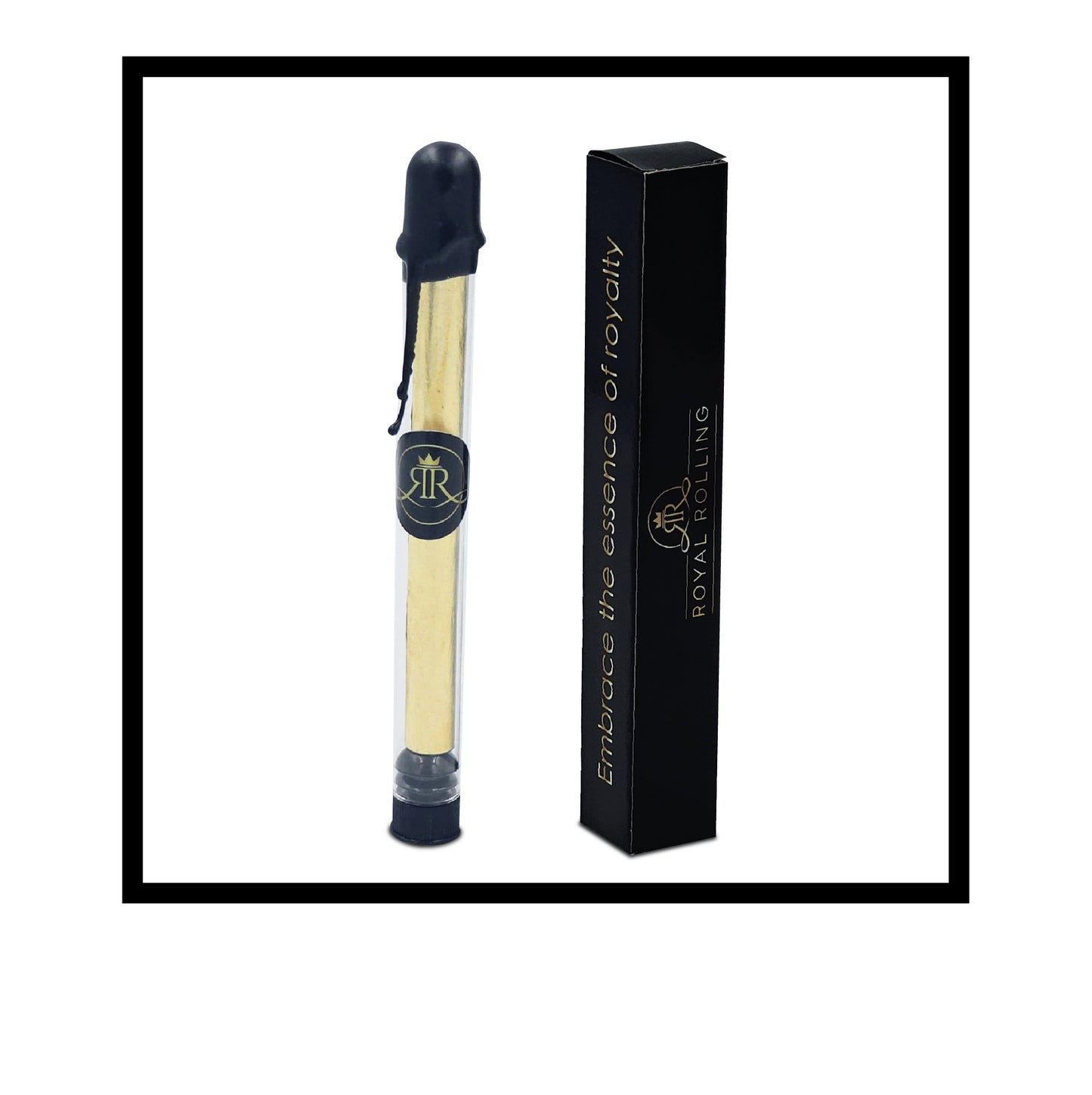 Royal Rolling Cone XL made of 24-karat gold in a magnetic black-and-gold gift box, glass tube with twist cap and envelope. Handmade in Holland (Amsterdam, Alkmaar, Rotterdam, North Holland). Luxury gift with custom packaging. Available in Pure Gold Deluxe Size, XL, 130mm, In Glass Tube, Out of Packaging