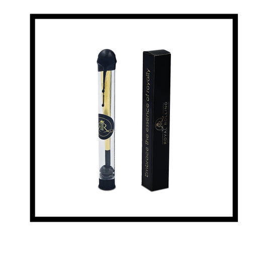 Royal Rolling Cone L made of 24-karat gold in a black-and-white packaging, glass tube with twist cap. Handmade in Holland (Amsterdam, Alkmaar, Rotterdam, North Holland). Luxury gift with custom packaging. Available in Pure Gold Deluxe Size L, 90mm, Out of packaging