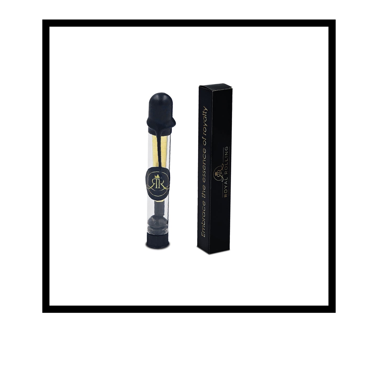 Royal Rolling Cone M made of 24-karat gold in a black-and-white Packaging, glass tube with twist cap. Handmade in Holland (Amsterdam, Alkmaar, Rotterdam, North Holland). Luxury gift with custom packaging. Available in Pure Gold Deluxe Size M, 70mm, rolling paper cone out of packaging.