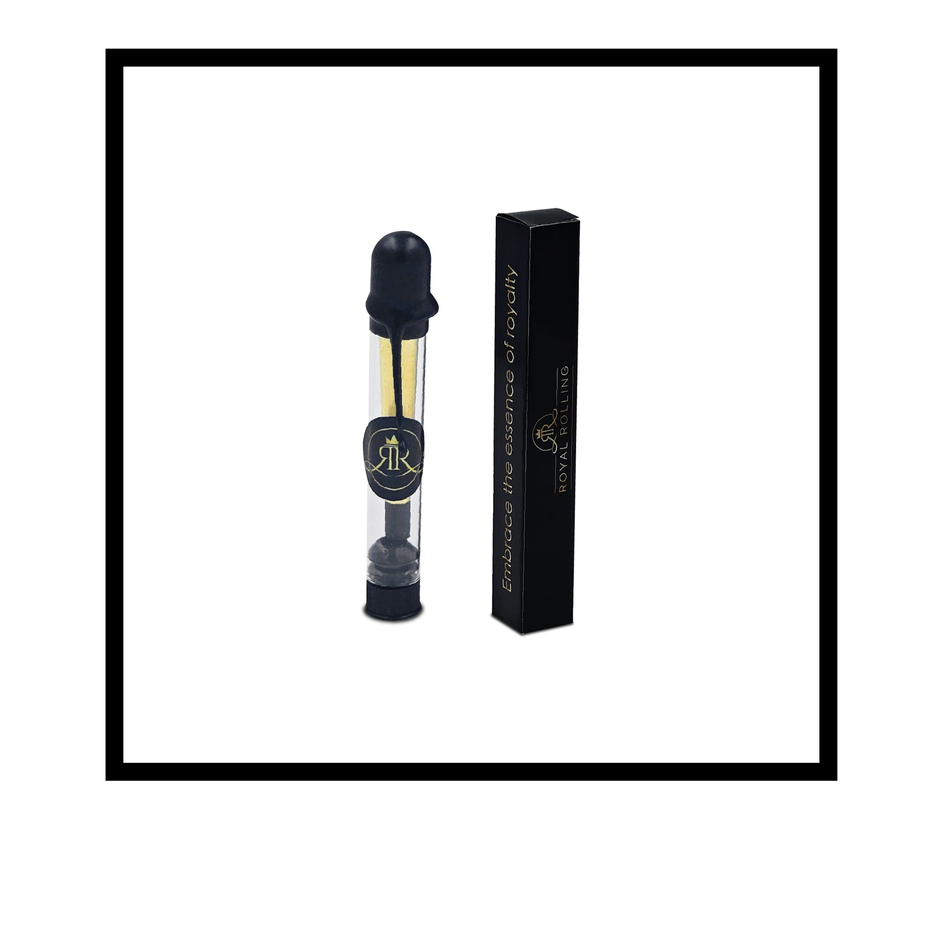 Royal Rolling Cone M made of 24-karat gold in a black-and-white Packaging, glass tube with twist cap. Handmade in Holland (Amsterdam, Alkmaar, Rotterdam, North Holland). Luxury gift with custom packaging. Available in Pure Gold Deluxe Size M, 70mm, rolling paper cone out of packaging.