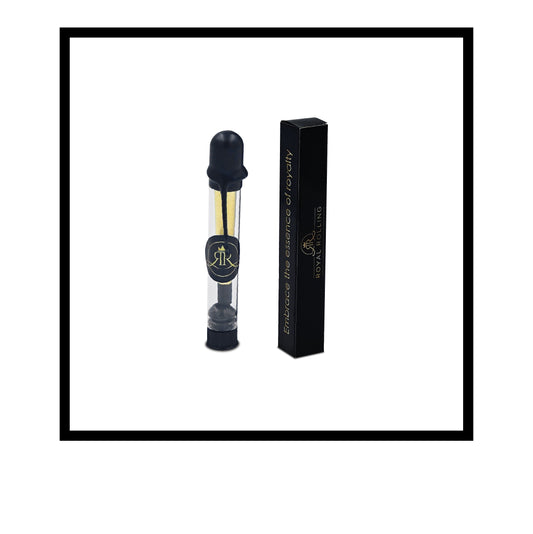 Royal Rolling Cone M made of 24-karat gold in a black-and-white Packaging, glass tube with twist cap. Handmade in Holland (Amsterdam, Alkmaar, Rotterdam, North Holland). Luxury gift with custom packaging. Available in Pure Gold Deluxe Size M, 70mm, rolling paper cone out of packaging.