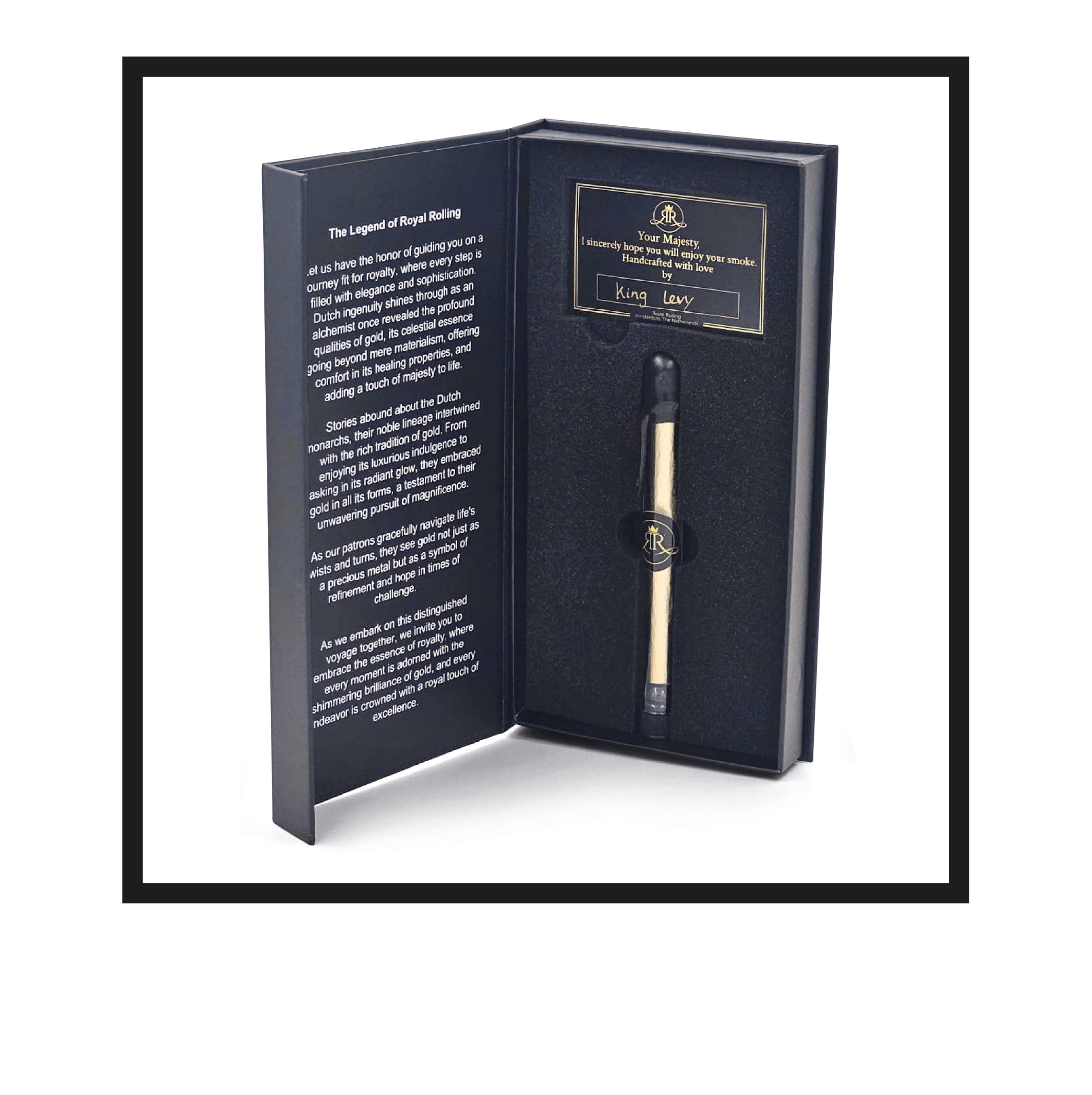 Royal Rolling Cone XL made of 24-karat gold in a magnetic black-and-gold gift box, glass tube with twist cap and envelope. Handmade in Holland (Amsterdam, Alkmaar, Rotterdam, North Holland). Luxury gift with custom packaging. Available in Pure Gold Deluxe Size XL, 130mm Packaging open