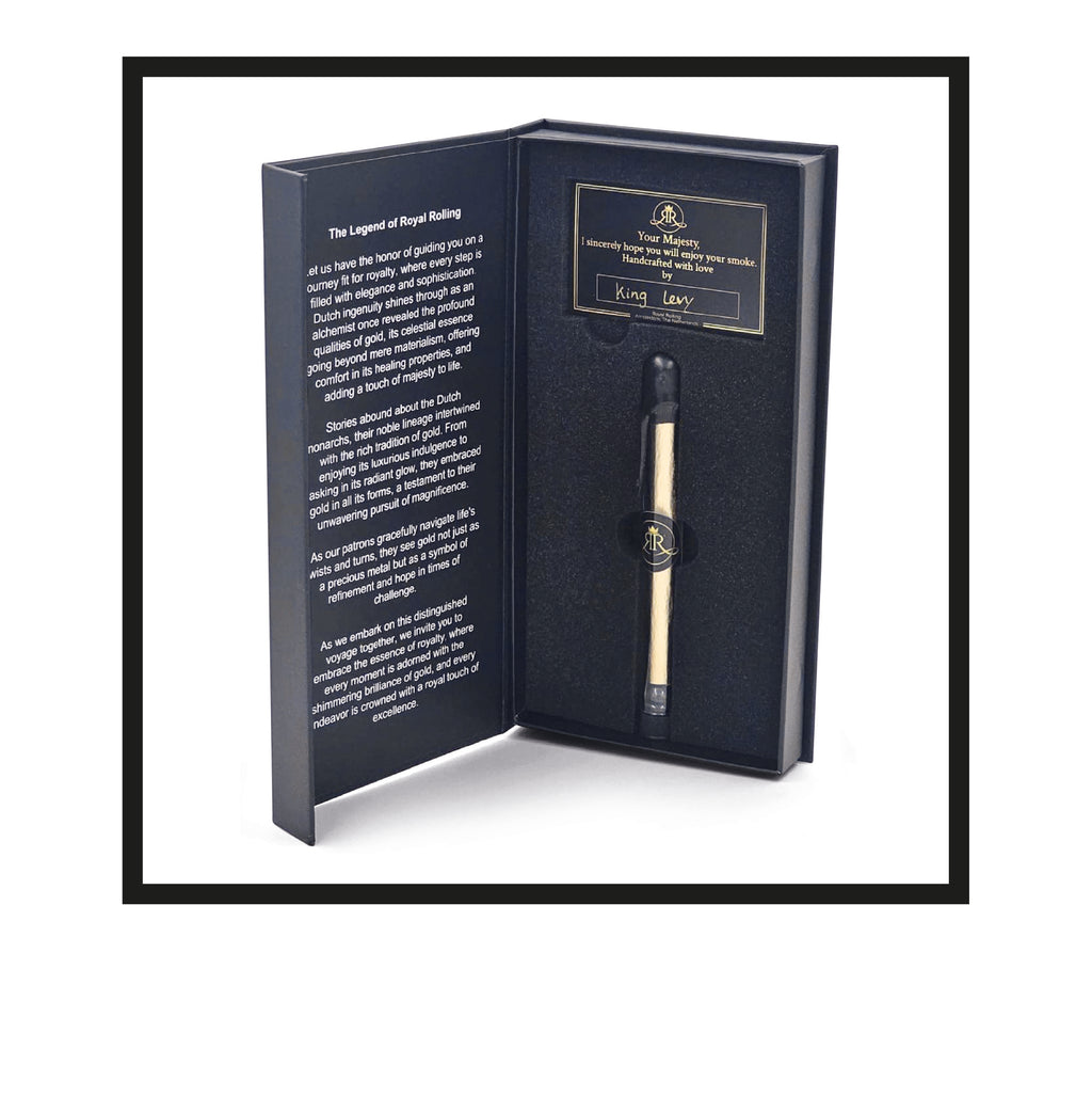Royal Rolling Cone XL made of 24-karat gold in a magnetic black-and-gold gift box, glass tube with twist cap and envelope. Handmade in Holland (Amsterdam, Alkmaar, Rotterdam, North Holland). Luxury gift with custom packaging. Available in Pure Gold Deluxe Size XL, 130mm Packaging open