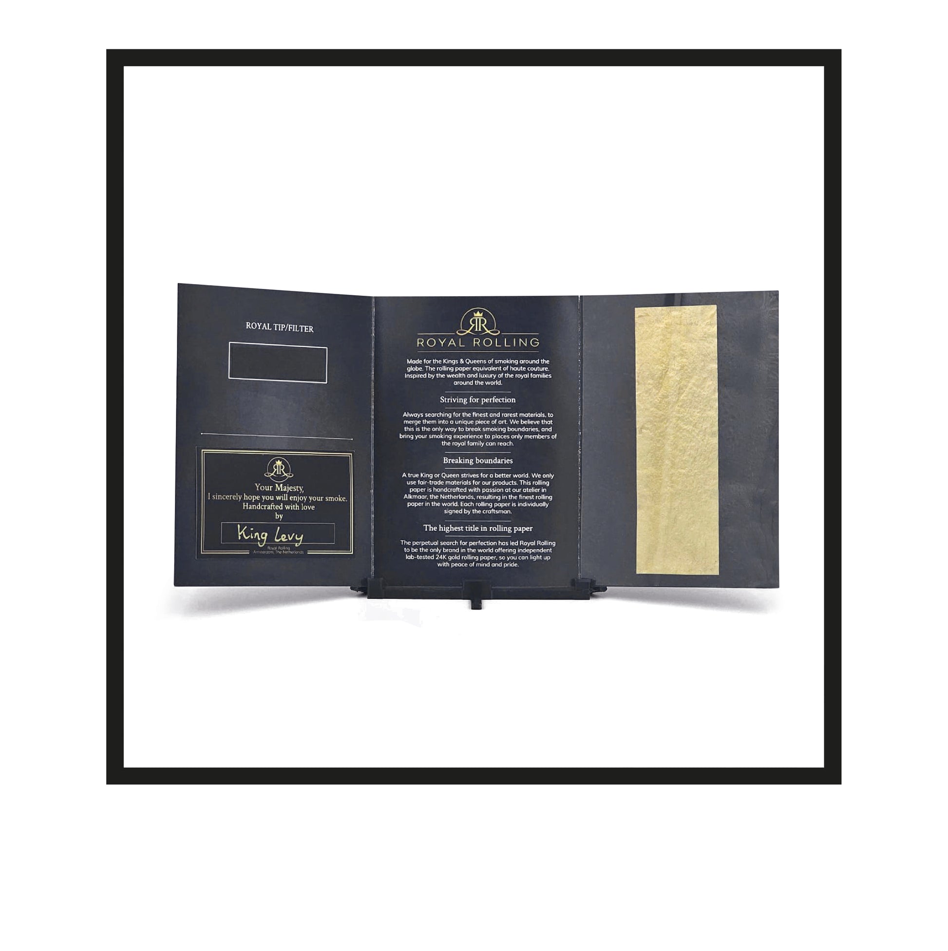 Royal Rolling Cone XL made of 24-karat gold in a magnetic black-and-gold gift box, glass tube with twist cap and envelope. Handmade in Holland (Amsterdam, Alkmaar, Rotterdam, North Holland). Luxury gift with custom packaging. Available in Pure Gold Deluxe Size, XL, 130mm, Envelope Gift Card