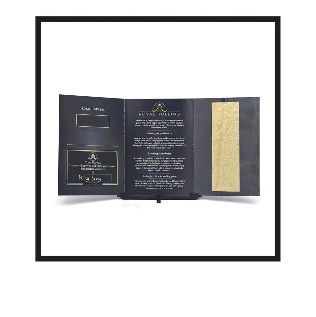 Royal Rolling Cone XL made of 24-karat gold in a magnetic black-and-gold gift box, glass tube with twist cap and envelope. Handmade in Holland (Amsterdam, Alkmaar, Rotterdam, North Holland). Luxury gift with custom packaging. Available in Pure Gold Deluxe Size, XL, 130mm, Envelope Gift Card