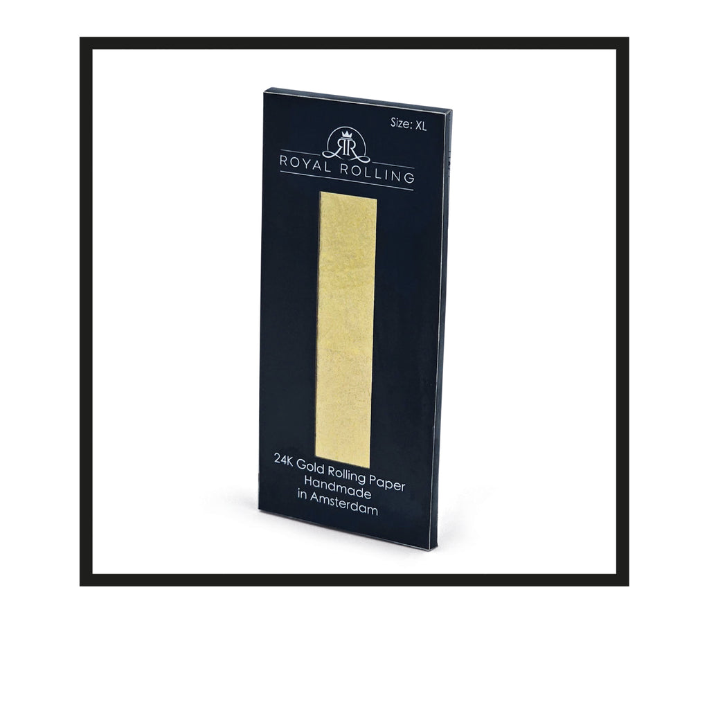 Royal Rolling Cone XL made of 24-karat gold in a magnetic black-and-gold gift box, glass tube with twist cap and envelope. Handmade in Holland (Amsterdam, Alkmaar, Rotterdam, North Holland). Luxury gift with custom packaging. Available in Pure Gold Deluxe Size, XL, 130mm, Packaging Front