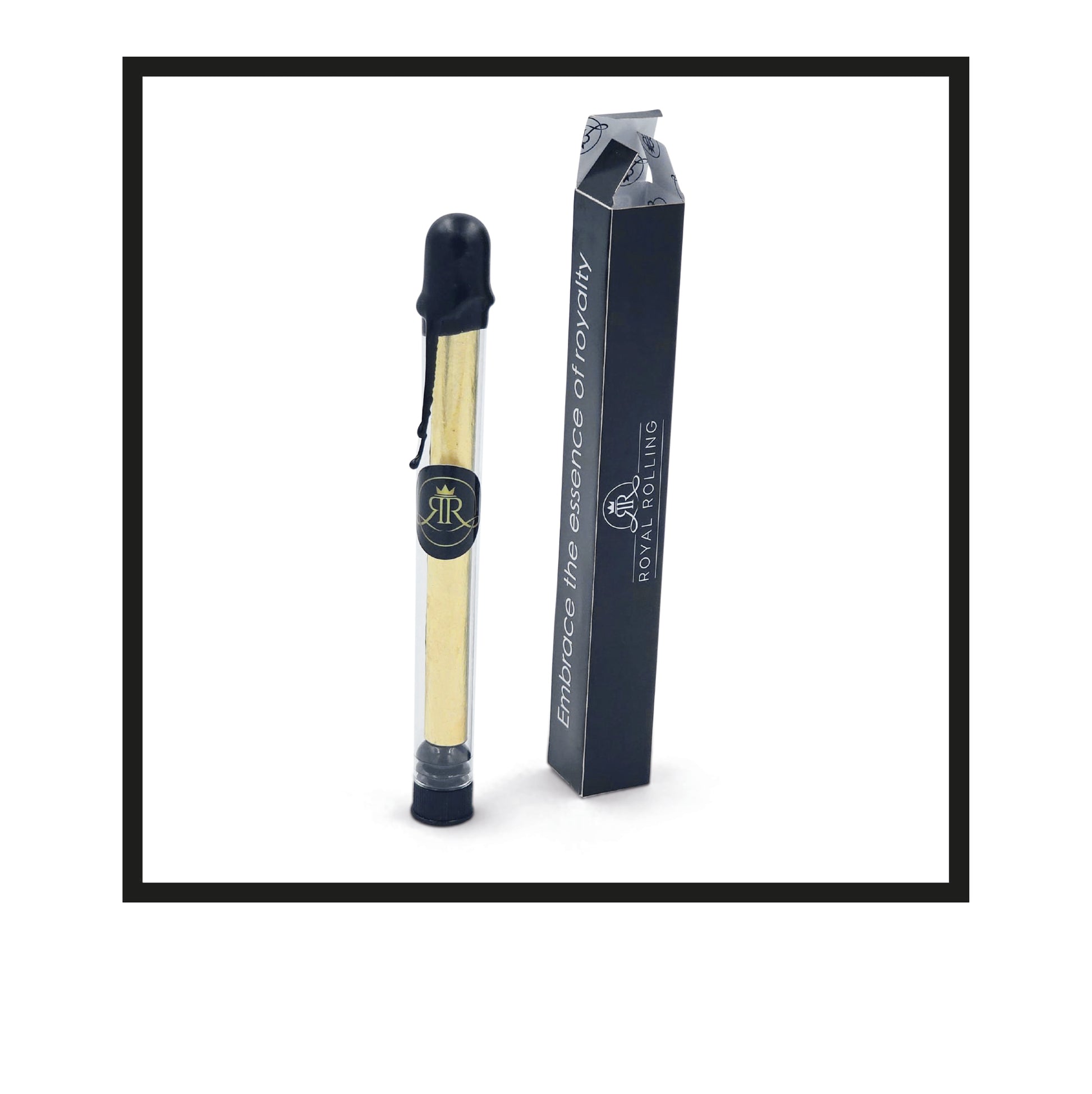 Royal Rolling Cone XL made of 24-karat gold in a magnetic black-and-gold gift box, glass tube with twist cap and envelope. Handmade in Holland (Amsterdam, Alkmaar, Rotterdam, North Holland). Luxury gift with custom packaging. Available in Pure Gold Deluxe Size, XL, 130mm, In Glass Tube, Out of Packaging