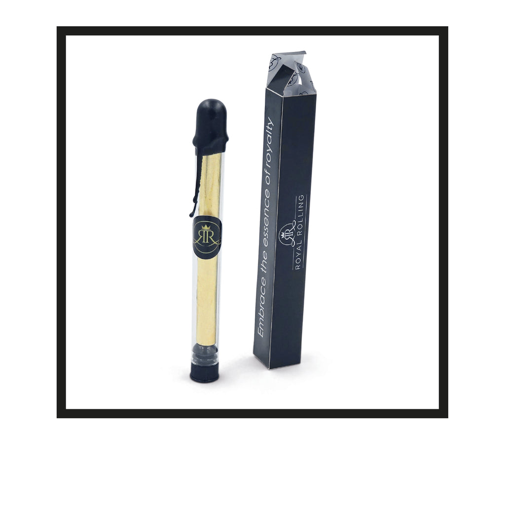Royal Rolling Cone XL made of 24-karat gold in a magnetic black-and-gold gift box, glass tube with twist cap and envelope. Handmade in Holland (Amsterdam, Alkmaar, Rotterdam, North Holland). Luxury gift with custom packaging. Available in Pure Gold Deluxe Size, XL, 130mm, In Glass Tube, Out of Packaging