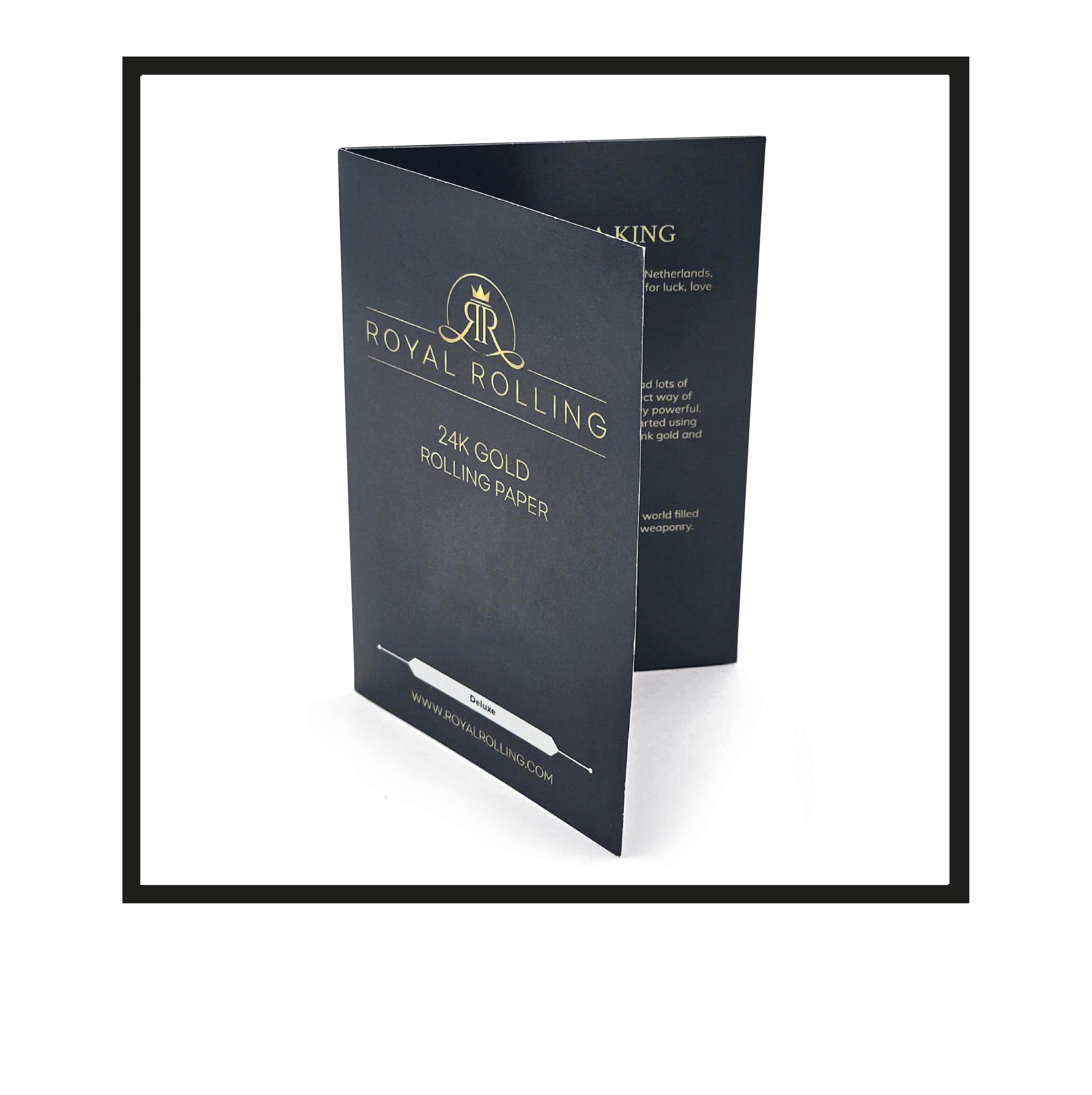 Royal Rolling Cone L made of 24-karat gold in black-and-gold gift envelope, Handmade in Holland (Amsterdam, Alkmaar, Rotterdam, North Holland). Luxury gift with custom packaging. Available in Pure Gold Deluxe Size L, 90mm, out of envelope/packaging booklet open