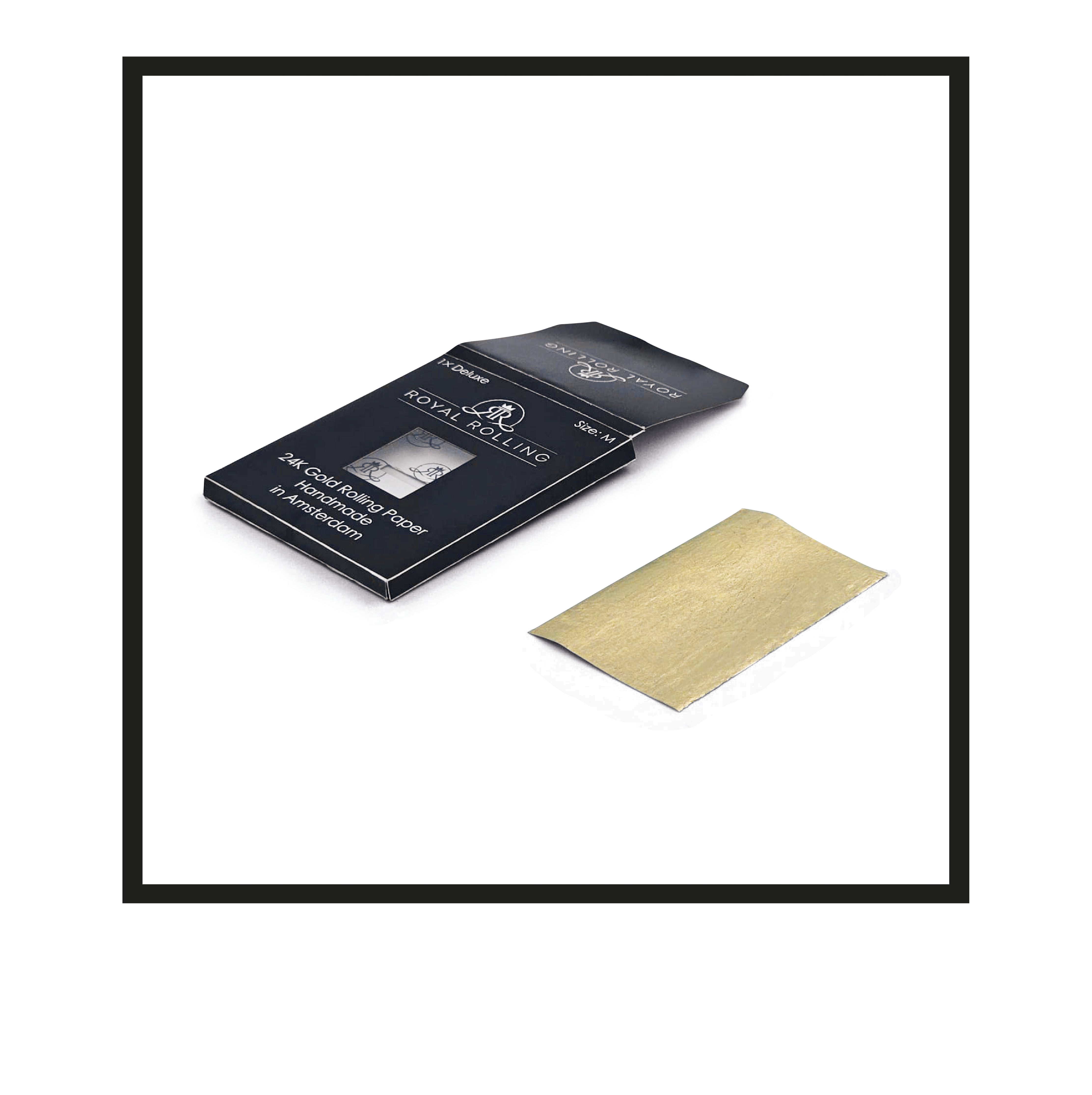 Royal Rolling Cone M made of 24-karat gold in a black-and-white Packaging, glass tube with twist cap. Handmade in Holland (Amsterdam, Alkmaar, Rotterdam, North Holland). Luxury gift with custom packaging. Available in Pure Gold Deluxe Size M, 70mm, Rolling paper out of packaging