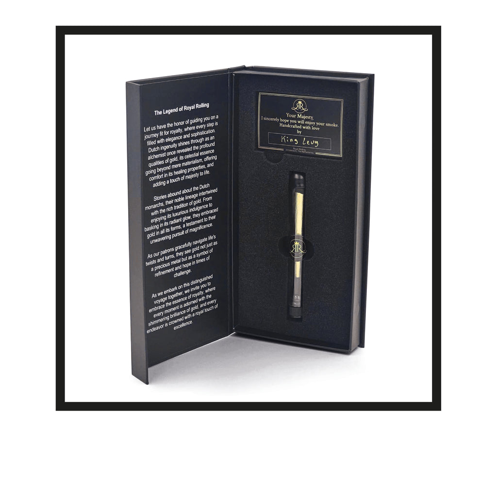 Royal Rolling Cone L made of 24-karat gold in a magnetic black-and-gold gift box, glass tube with twist cap and envelope. Handmade in Holland (Amsterdam, Alkmaar, Rotterdam, North Holland). Luxury gift with custom packaging. Available in Pure Gold Deluxe Size L, 90mm, In Packaging open