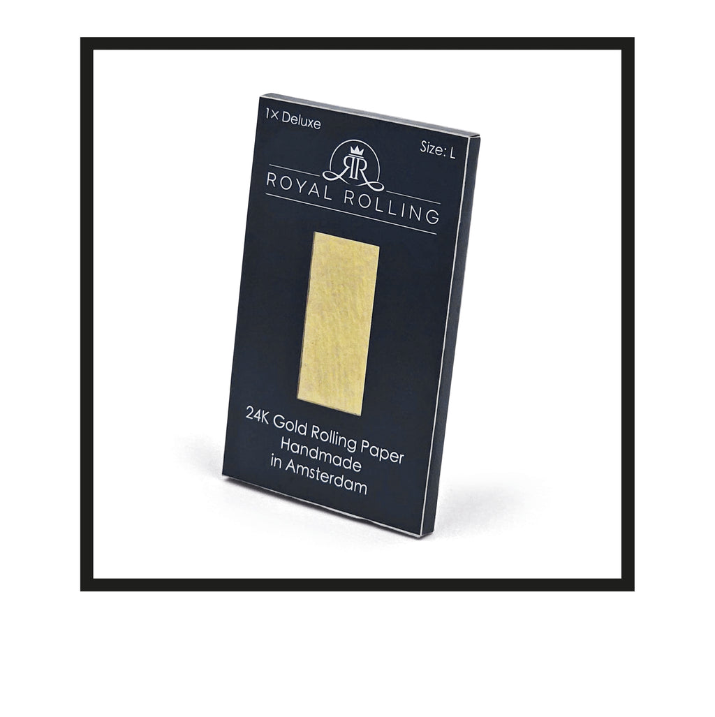 Royal Rolling Cone L made of 24-karat gold in a black-and-white packaging, Handmade in Holland (Amsterdam, Alkmaar, Rotterdam, North Holland). Luxury gift with custom packaging. Available in Pure Gold Deluxe Size L, 90mm, Rolling paper in packaging