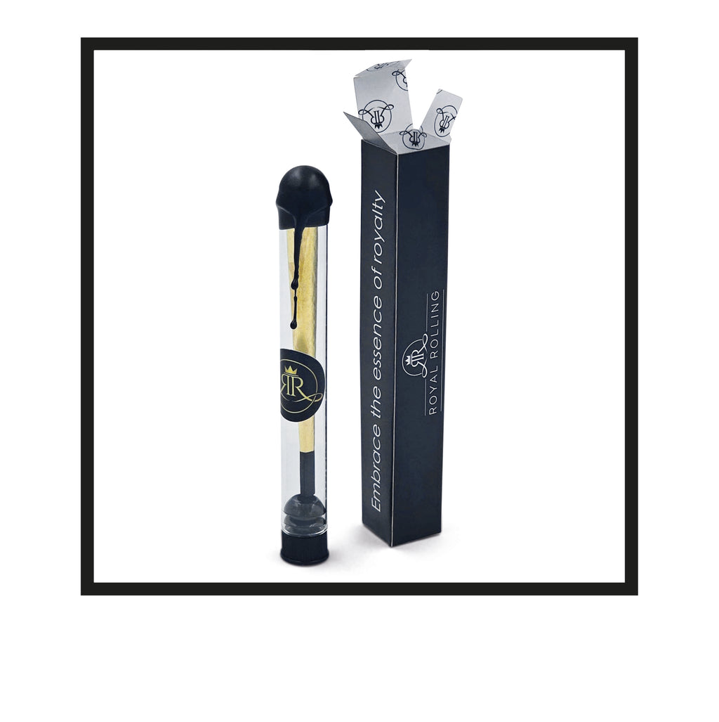 Royal Rolling Cone L made of 24-karat gold in a black-and-white packaging, glass tube with twist cap. Handmade in Holland (Amsterdam, Alkmaar, Rotterdam, North Holland). Luxury gift with custom packaging. Available in Pure Gold Deluxe Size L, 90mm, Out of packaging