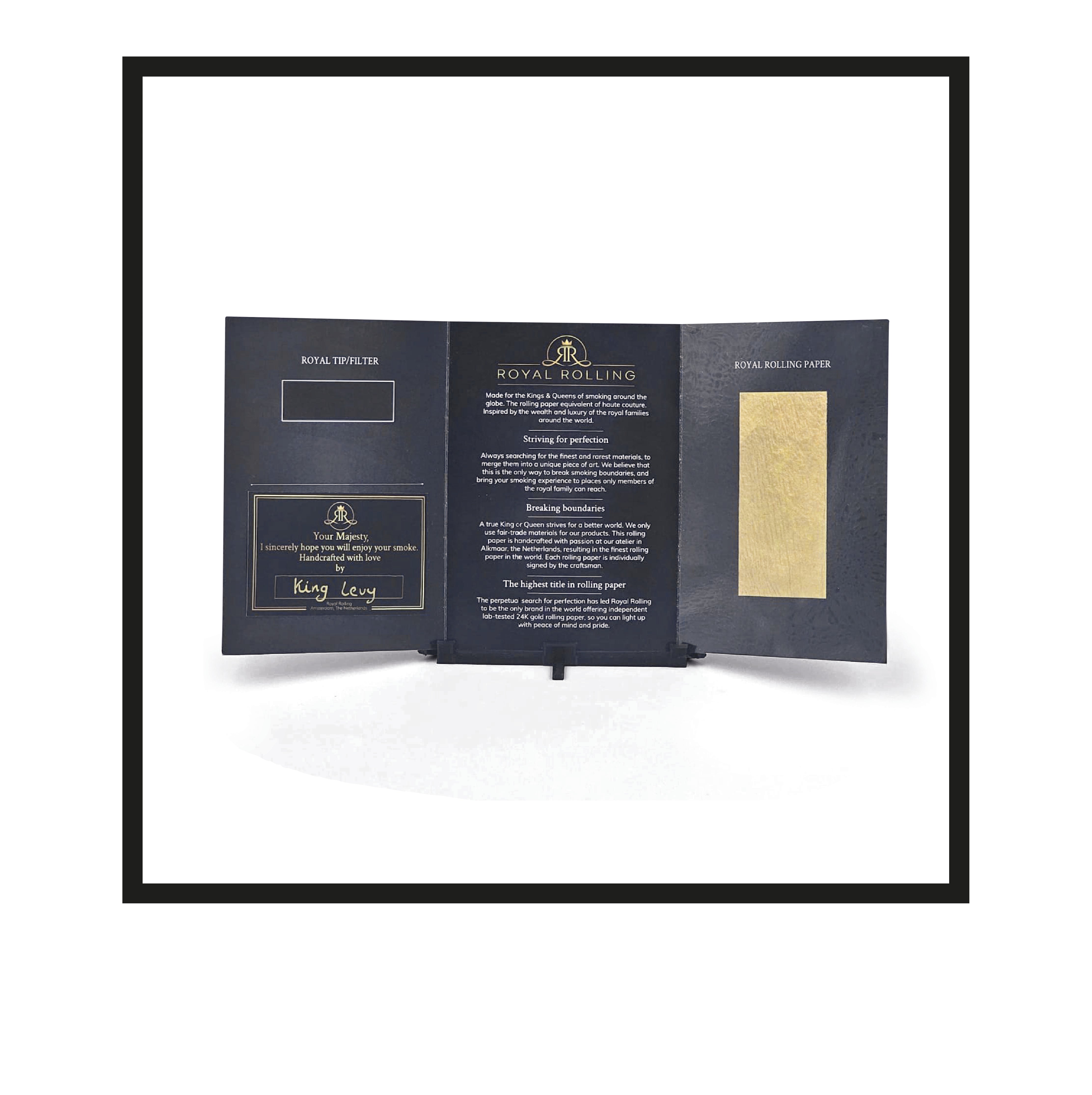 Royal Rolling Cone L made of 24-karat gold in a black-and-gold gift envelope, Handmade in Holland (Amsterdam, Alkmaar, Rotterdam, North Holland). Luxury gift with custom packaging. Available in Pure Gold Deluxe Size L, 90mm, out of envelope/packaging