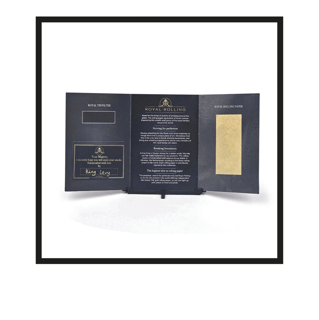 Royal Rolling Cone L made of 24-karat gold in a black-and-gold gift envelope, Handmade in Holland (Amsterdam, Alkmaar, Rotterdam, North Holland). Luxury gift with custom packaging. Available in Pure Gold Deluxe Size L, 90mm, out of envelope/packaging