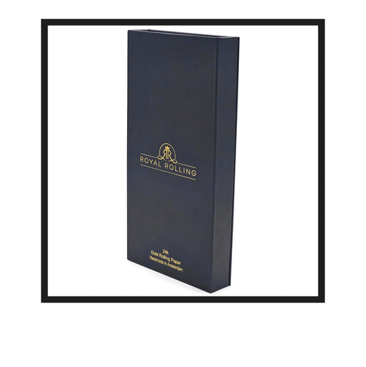Royal Rolling Cone L made of 24-karat gold in a magnetic black-and-gold gift box, glass tube with twist cap and envelope. Handmade in Holland (Amsterdam, Alkmaar, Rotterdam, North Holland). Luxury gift with custom packaging. Available in Pure Gold Deluxe Size L, 90mm, In Packaging closed Front side